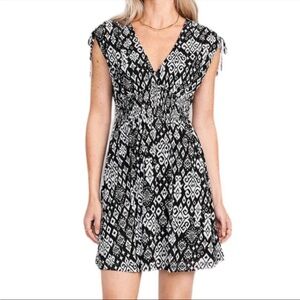 Black White Boho Print Waist Defined Sleeveless Tie-Shoulder Smocked Mini Dress